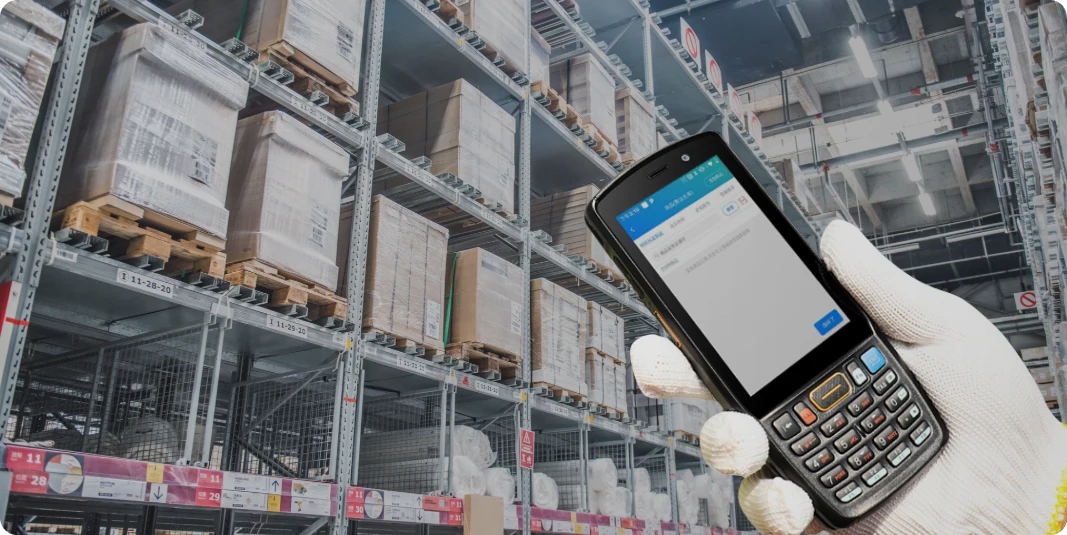 UROVO handheld scanning pallets in a Goertek warehouse reference